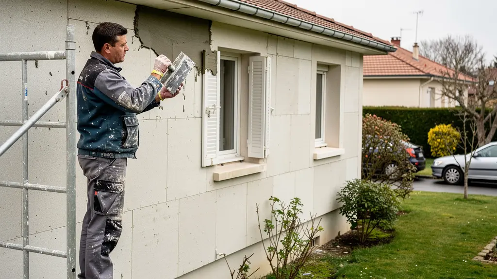 Artisan appliquant isolation thermique extérieure sur façade pavillon francilien