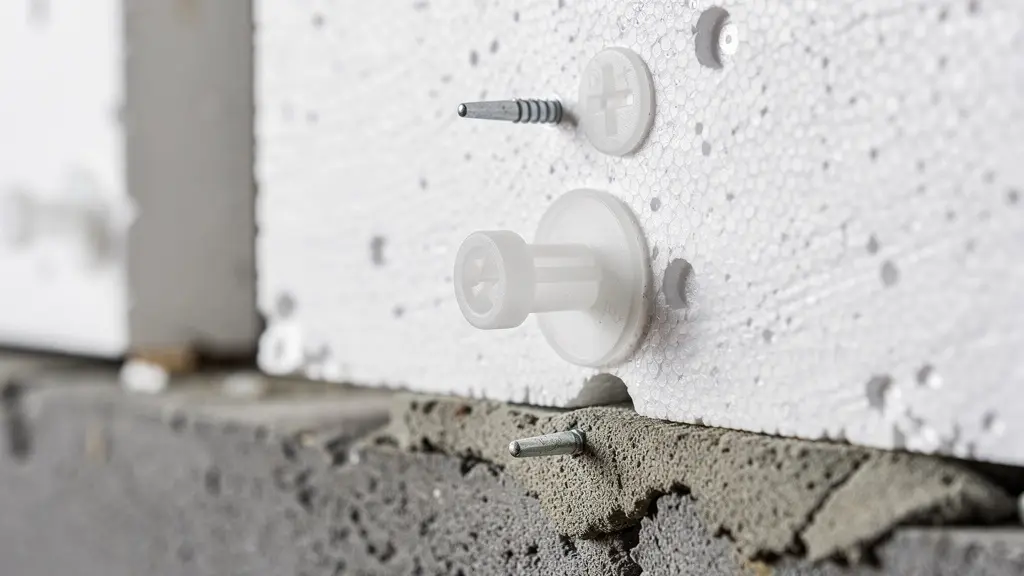 Détail fixation panneau polystyrène sur mur parpaing avec chevilles visibles
