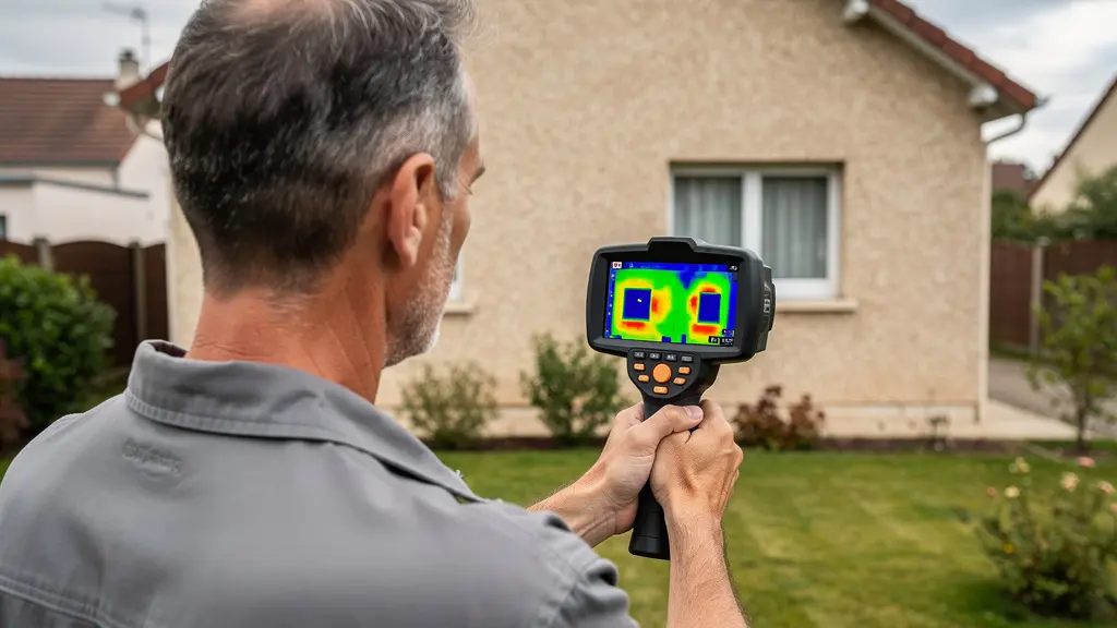 Technicien analysant façade avec caméra thermique pour détecter ponts thermiques