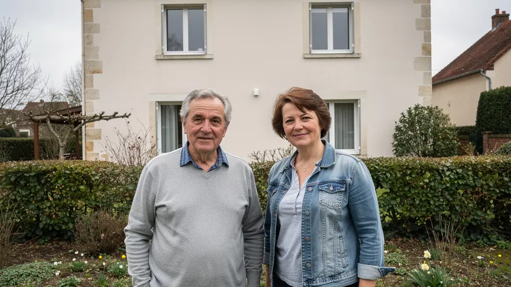 Couple cinquantaine devant pavillon récemment isolé avec façade enduite neuve