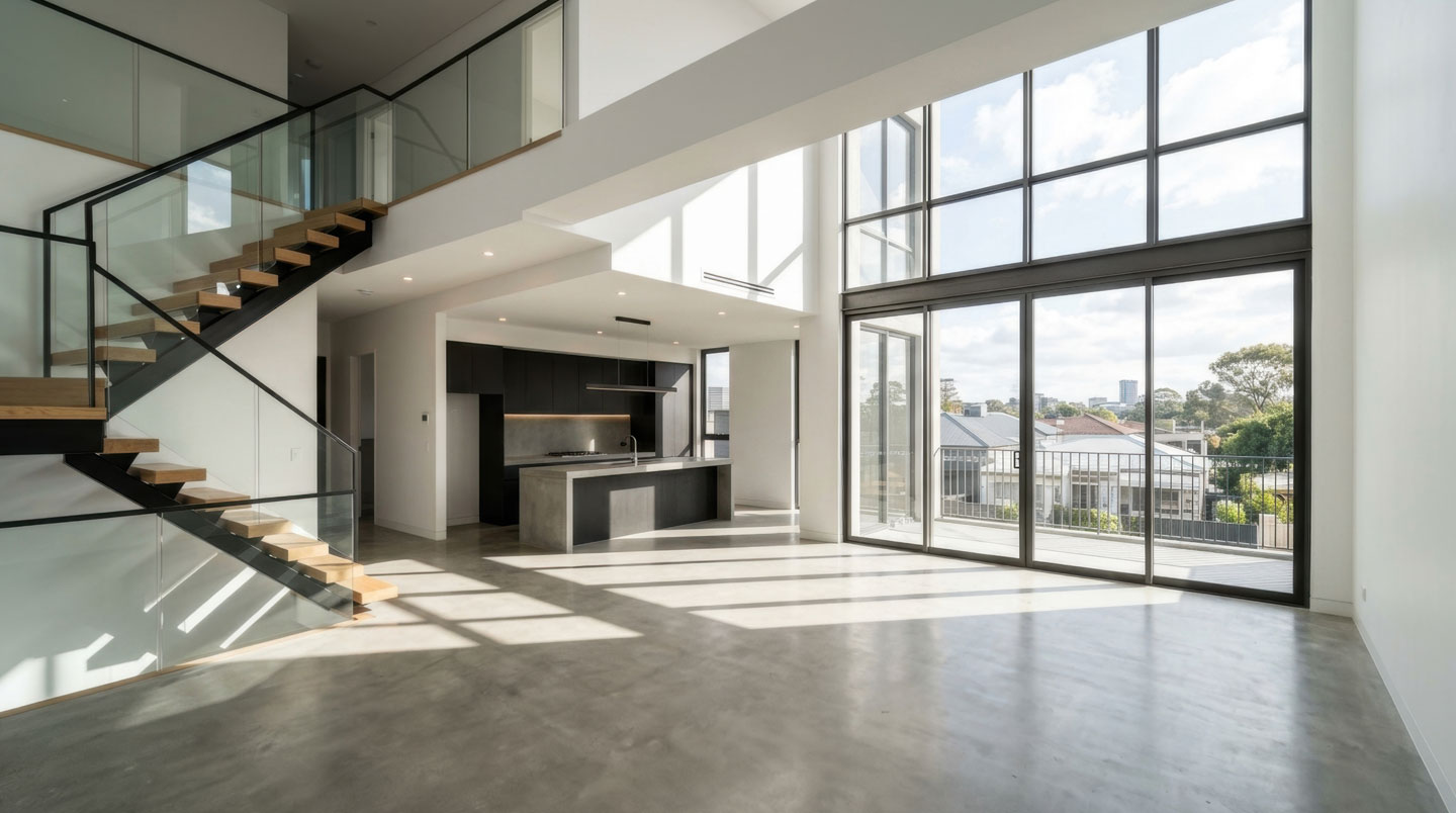 Détail architectural d'une fenêtre contemporaine avec projection d'ombres géométriques sur mur blanc