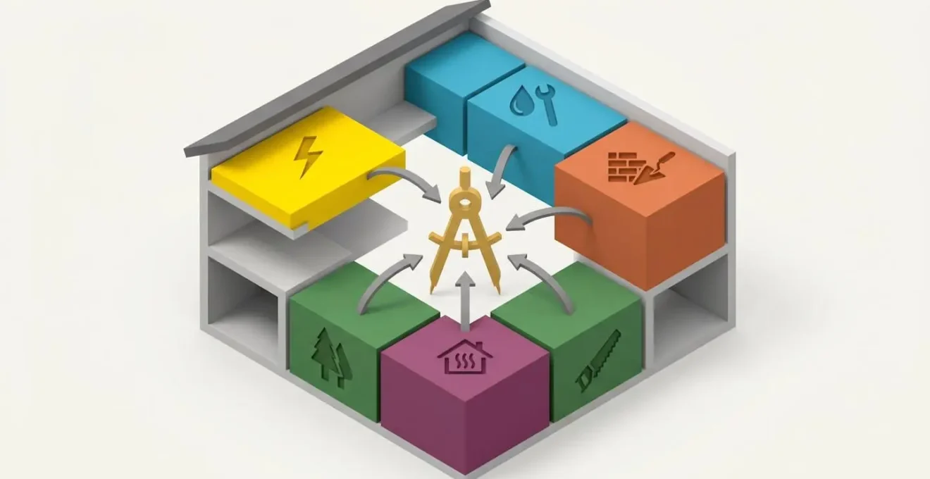 Illustration isométrique d'une maison en coupe montrant coordination de cinq corps de métier par blocs colorés reliés à un compas central symbolisant l'architecte