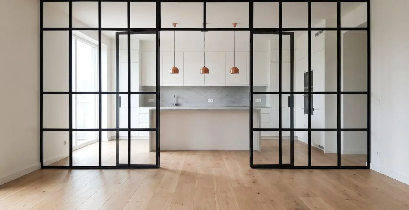 Intérieur contemporain lumineux avec verrière d'atelier séparant cuisine blanche et espace de vie, parquet chêne clair et suspensions cuivre