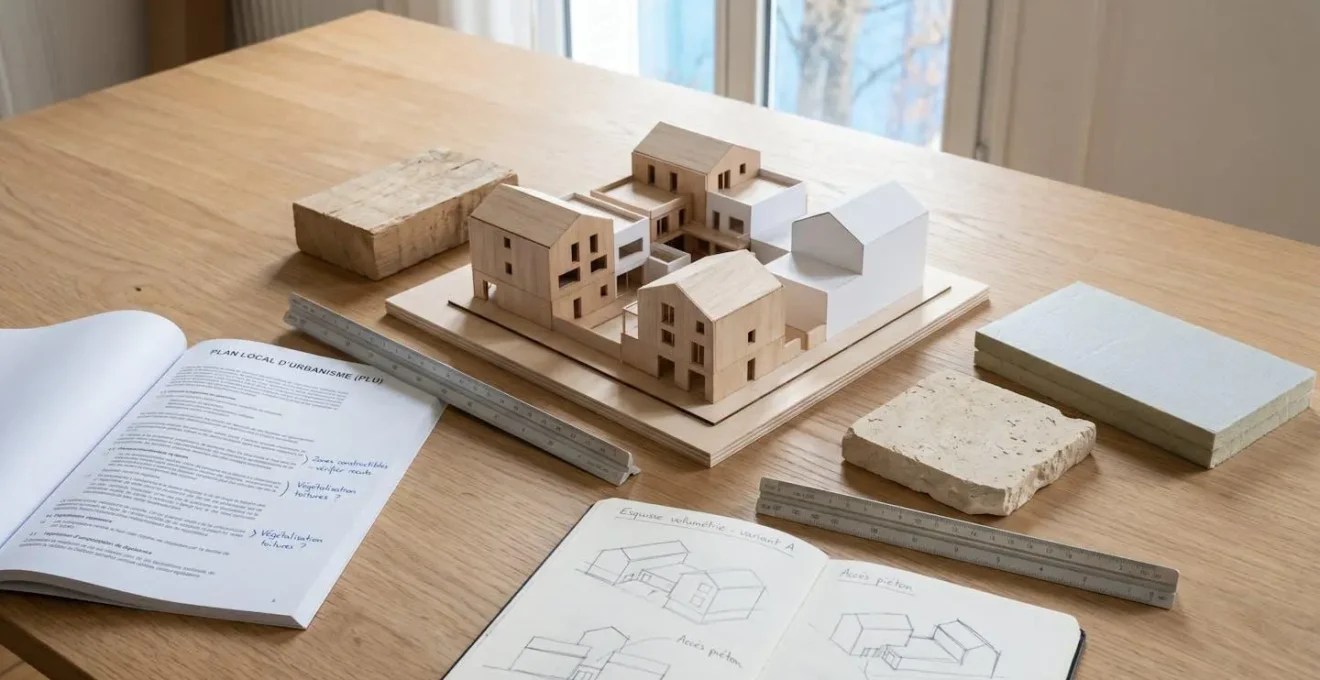 Maquette architecturale en bois clair entourée de documents PLU, carnets de croquis et échantillons de matériaux sur table en chêne éclairée par lumière naturelle