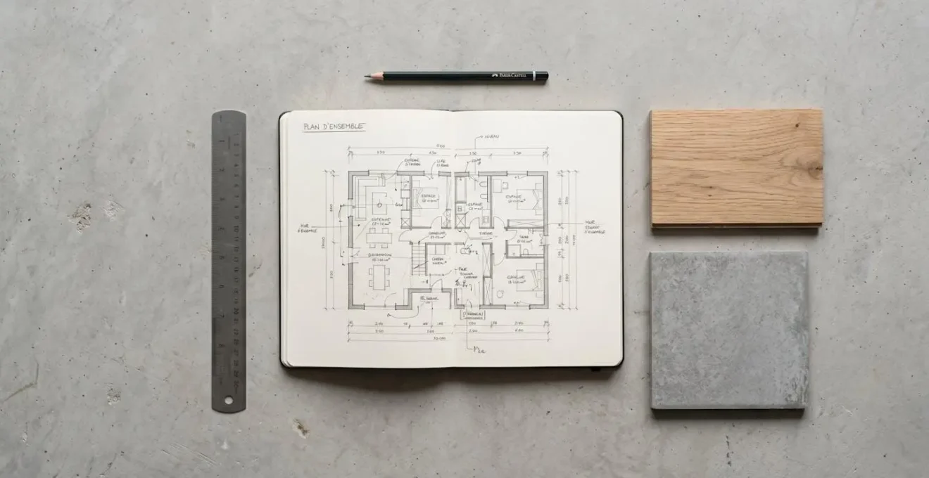 Vue aérienne d'outils et échantillons de matériaux disposés symétriquement sur table en bois brut